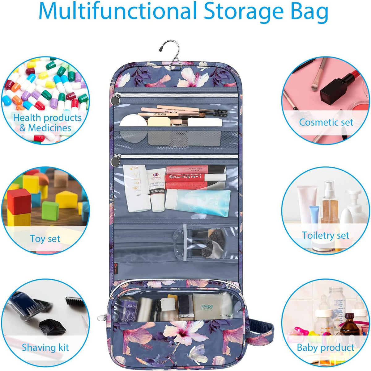 Portable Toiletry Cosmetic Travel Bag, Large Water Resistant Hanging Makeup Organizer Storage Pouch Case for Women Girls (Jungle Night)