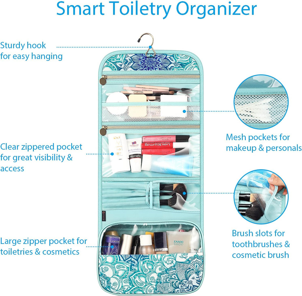 Portable Toiletry Cosmetic Travel Bag, Large Water Resistant Hanging Makeup Organizer Storage Pouch Case for Women Girls (Jungle Night)