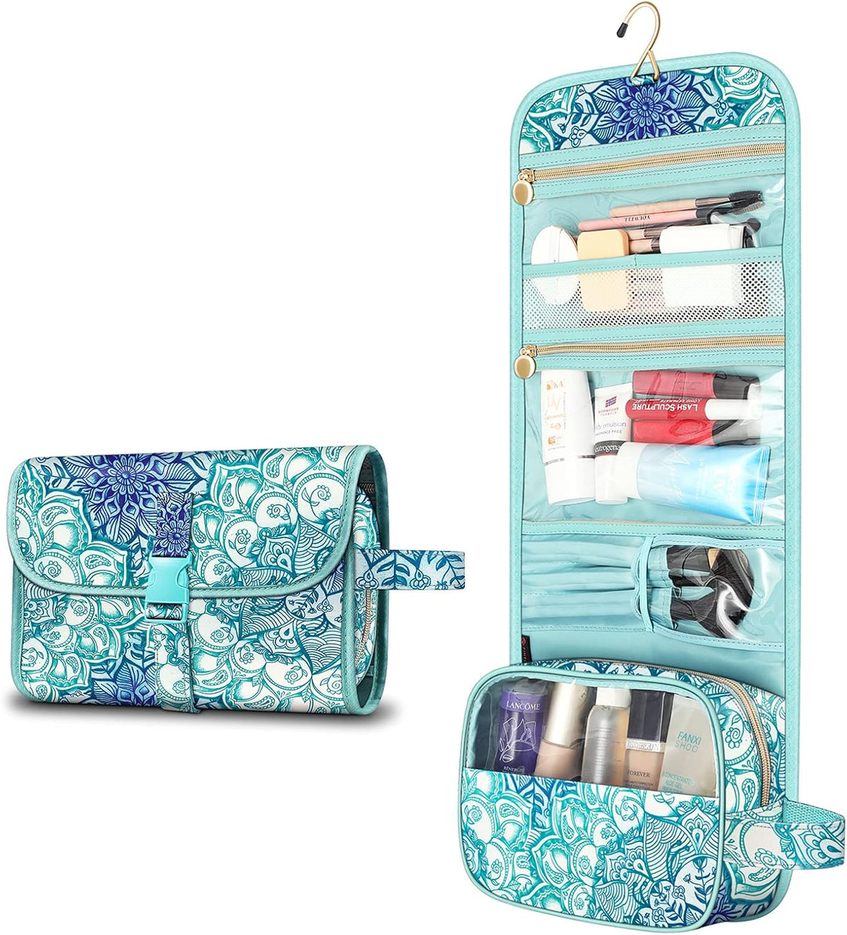 Portable Toiletry Cosmetic Travel Bag, Large Water Resistant Hanging Makeup Organizer Storage Pouch Case for Women Girls (Jungle Night)