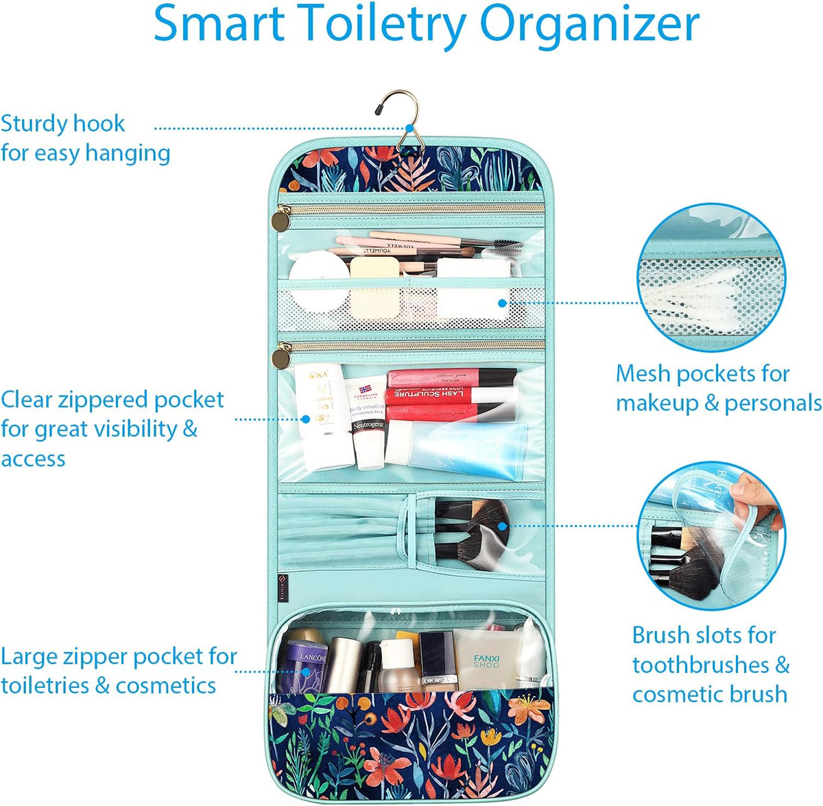 Portable Toiletry Cosmetic Travel Bag, Large Water Resistant Hanging Makeup Organizer Storage Pouch Case for Women Girls (Jungle Night)