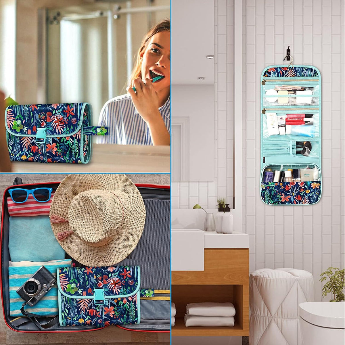 Portable Toiletry Cosmetic Travel Bag, Large Water Resistant Hanging Makeup Organizer Storage Pouch Case for Women Girls (Jungle Night)