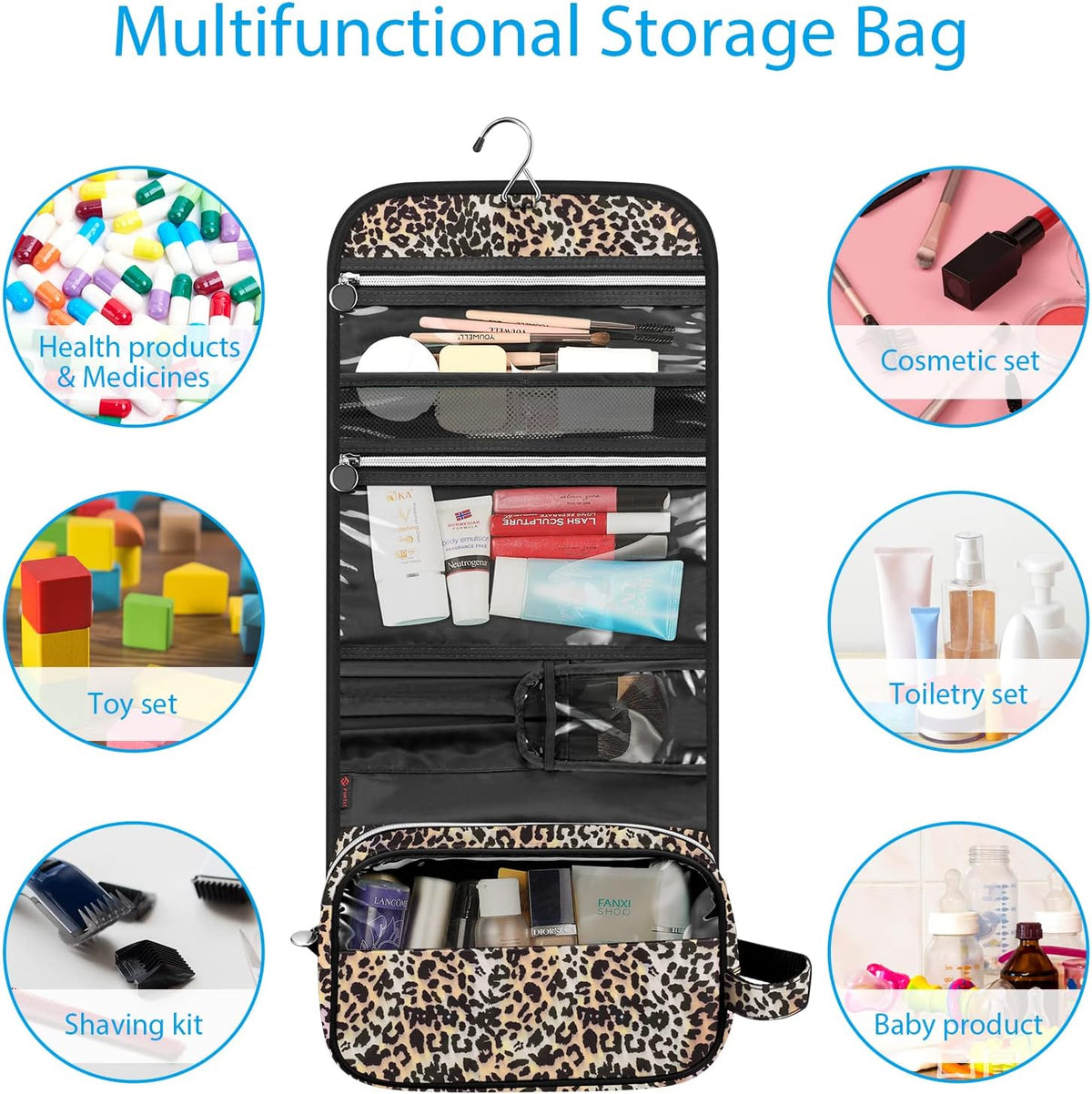 Portable Toiletry Cosmetic Travel Bag, Large Water Resistant Hanging Makeup Organizer Storage Pouch Case for Women Girls (Jungle Night)