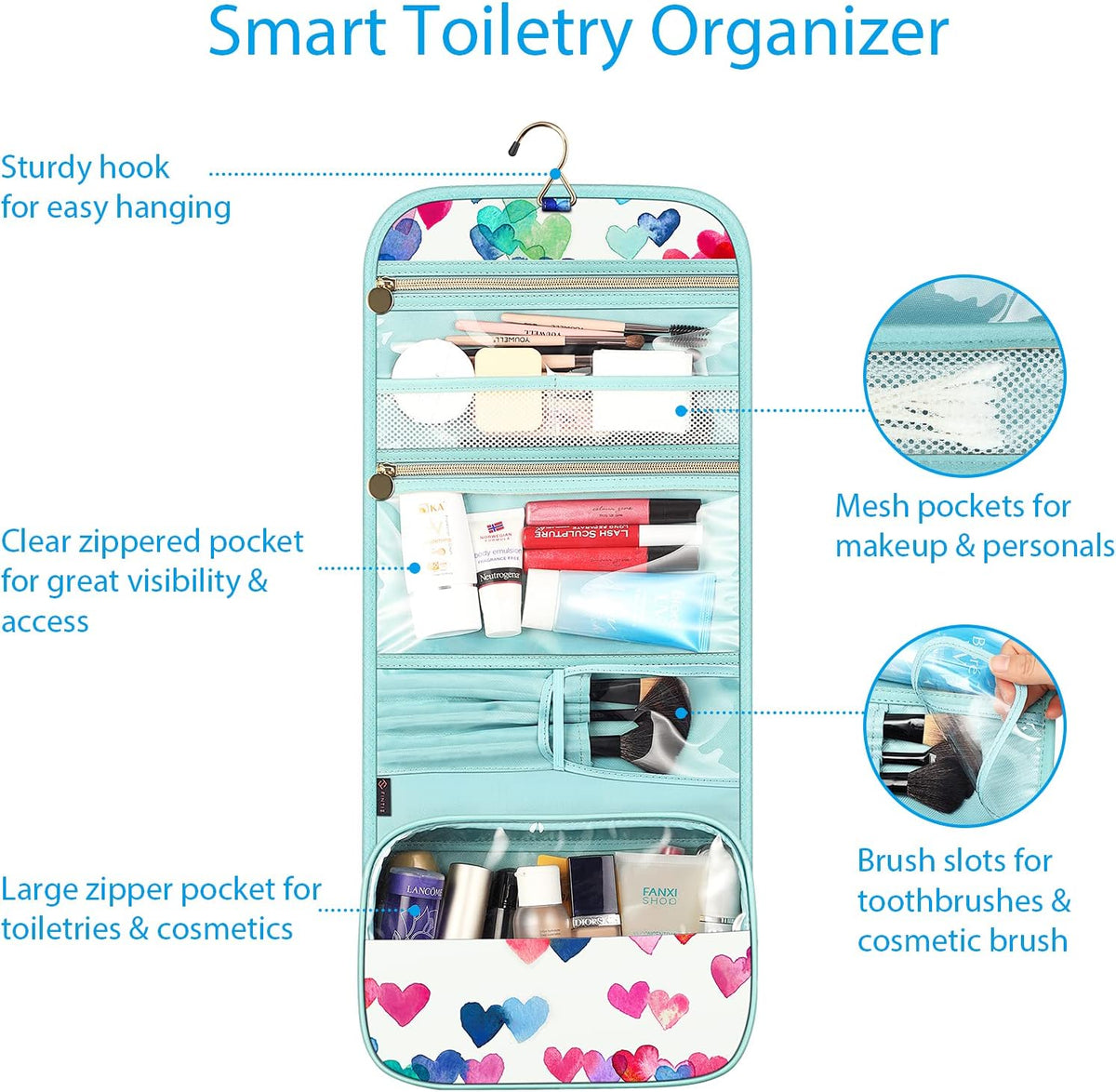 Portable Toiletry Cosmetic Travel Bag, Large Water Resistant Hanging Makeup Organizer Storage Pouch Case for Women Girls (Jungle Night)