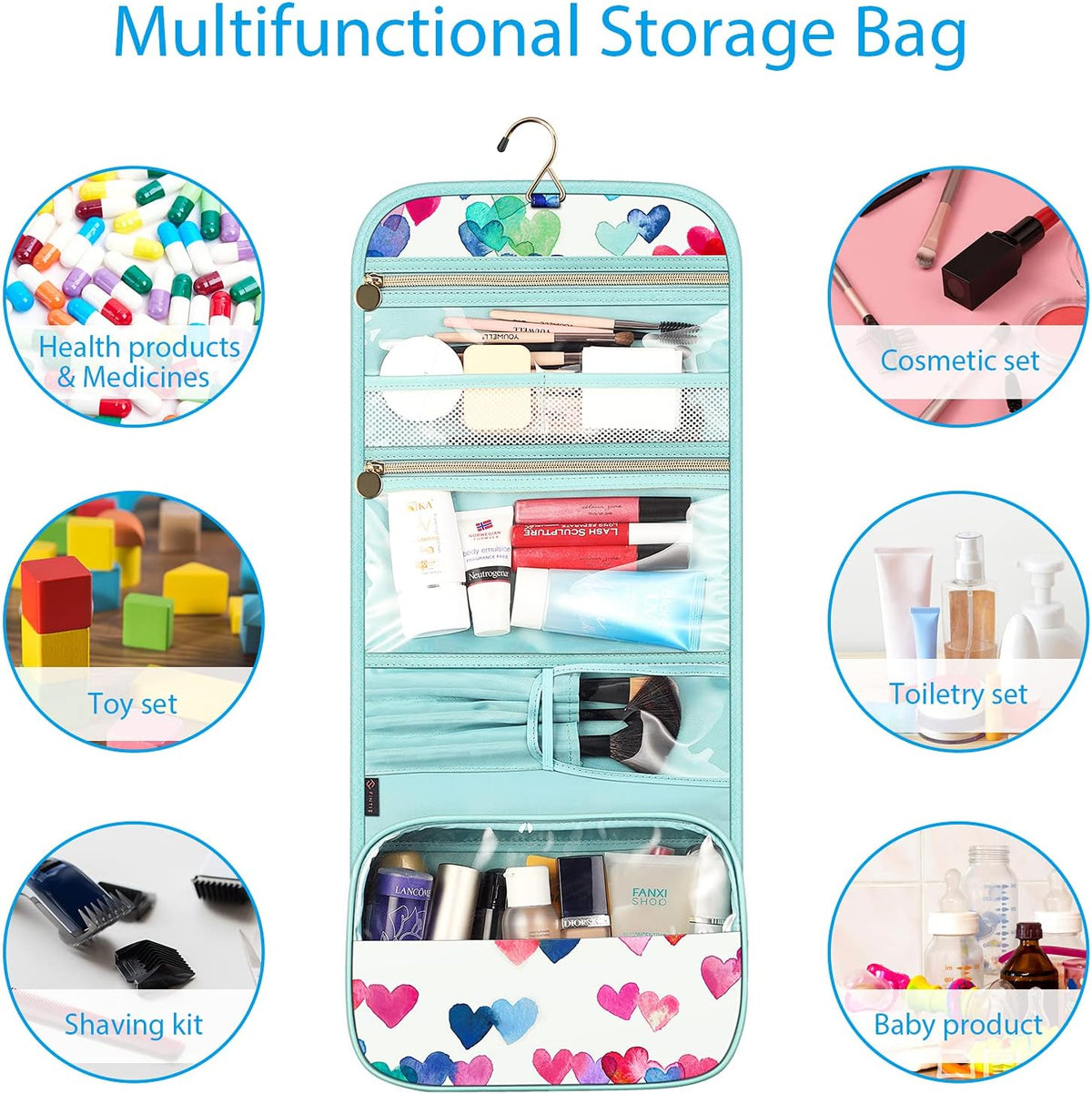 Portable Toiletry Cosmetic Travel Bag, Large Water Resistant Hanging Makeup Organizer Storage Pouch Case for Women Girls (Jungle Night)