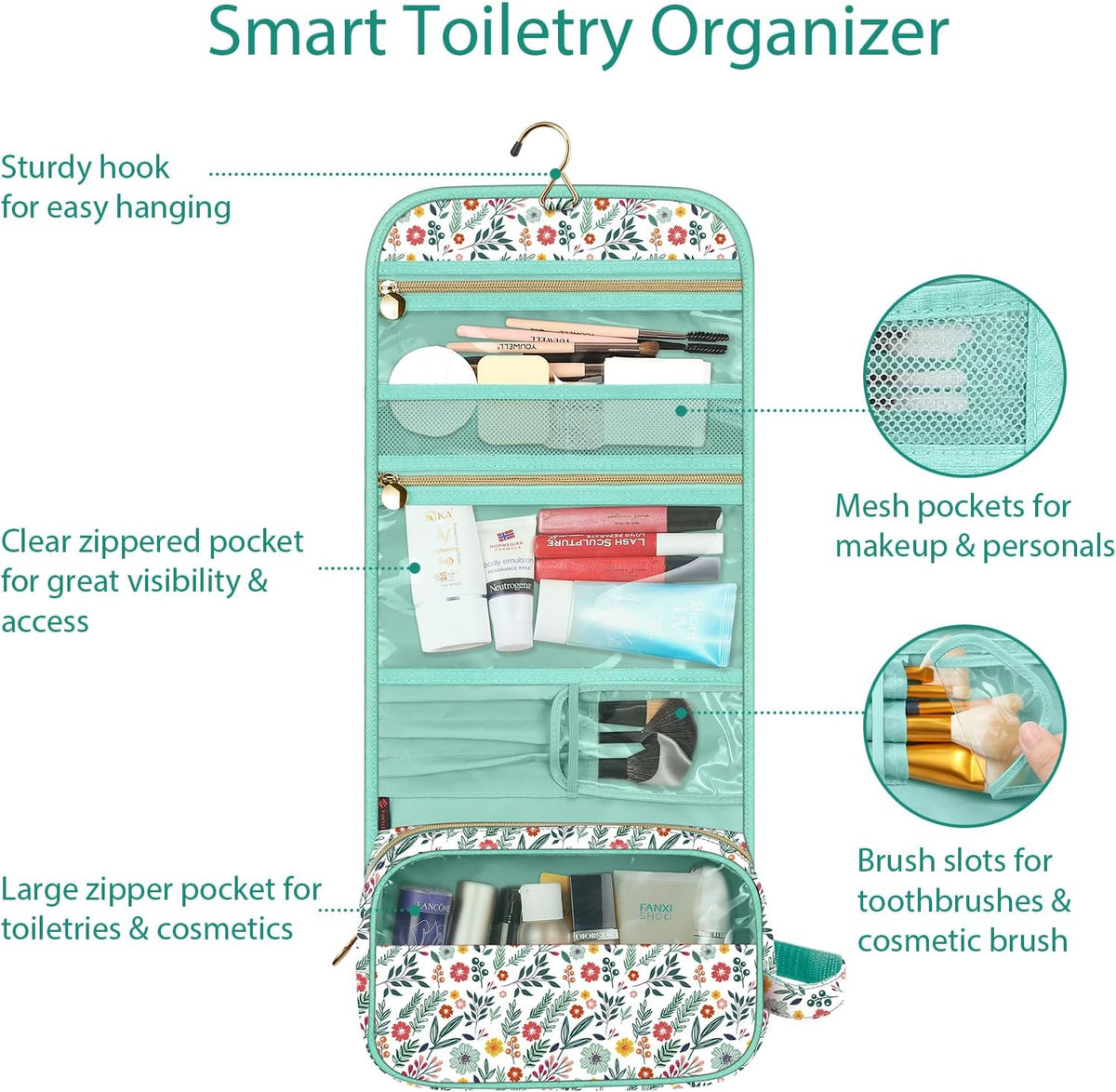Portable Toiletry Cosmetic Travel Bag, Large Water Resistant Hanging Makeup Organizer Storage Pouch Case for Women Girls (Jungle Night)