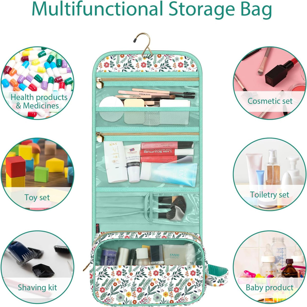 Portable Toiletry Cosmetic Travel Bag, Large Water Resistant Hanging Makeup Organizer Storage Pouch Case for Women Girls (Jungle Night)