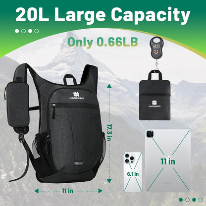 20L Small Hiking Backpack for Women - Lightweight Packable Backpack for Men, Waterproof Foldable Daypack for Travel, Hiking, and Daily Use, Adjustable Chest Strap Multiple Pockets, Black