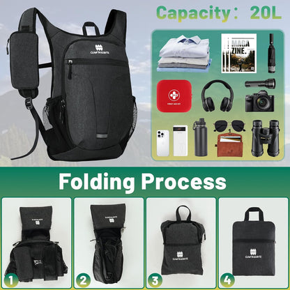 20L Small Hiking Backpack for Women - Lightweight Packable Backpack for Men, Waterproof Foldable Daypack for Travel, Hiking, and Daily Use, Adjustable Chest Strap Multiple Pockets, Black