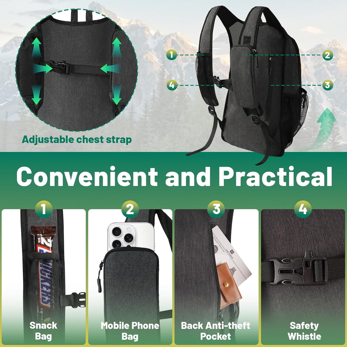 20L Small Hiking Backpack for Women - Lightweight Packable Backpack for Men, Waterproof Foldable Daypack for Travel, Hiking, and Daily Use, Adjustable Chest Strap Multiple Pockets, Black