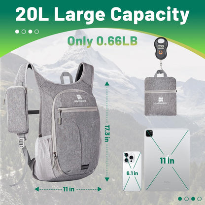 20L Small Hiking Backpack for Women - Lightweight Packable Backpack for Men, Waterproof Foldable Daypack for Travel, Hiking, and Daily Use, Adjustable Chest Strap Multiple Pockets, Black