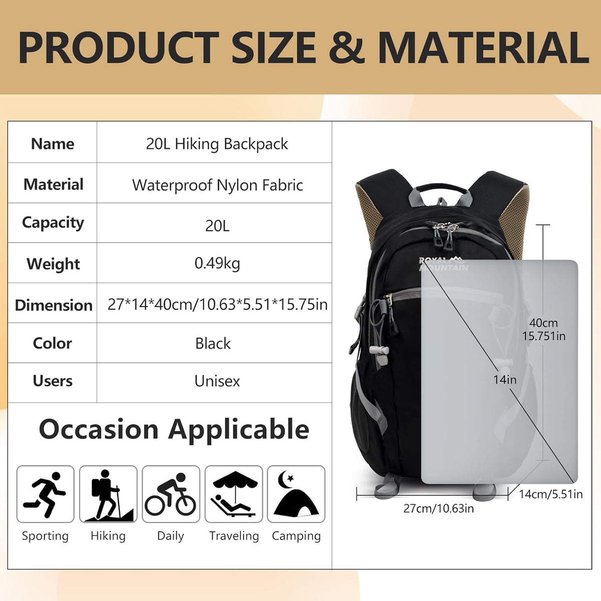 Small Hiking Backpack, 20L Lightweight Travel Backpacks For Men Women, Water Resistant Outdoor Day Pack, Ultralight Camping Daypack Backpacks Fit For Camping. (With Rain-cover)