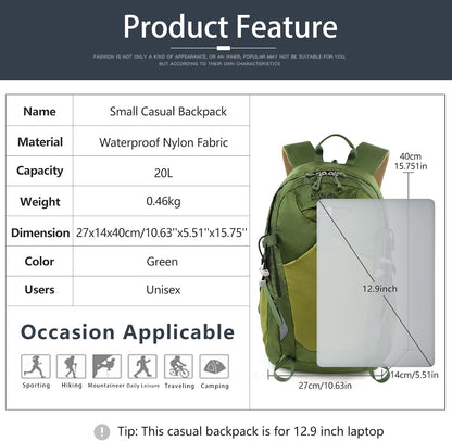 Small Hiking Backpack, 20L Lightweight Travel Backpacks For Men Women, Water Resistant Outdoor Day Pack, Ultralight Camping Daypack Backpacks Fit For Camping. (With Rain-cover)