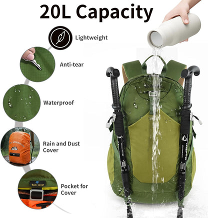 Small Hiking Backpack, 20L Lightweight Travel Backpacks For Men Women, Water Resistant Outdoor Day Pack, Ultralight Camping Daypack Backpacks Fit For Camping. (With Rain-cover)