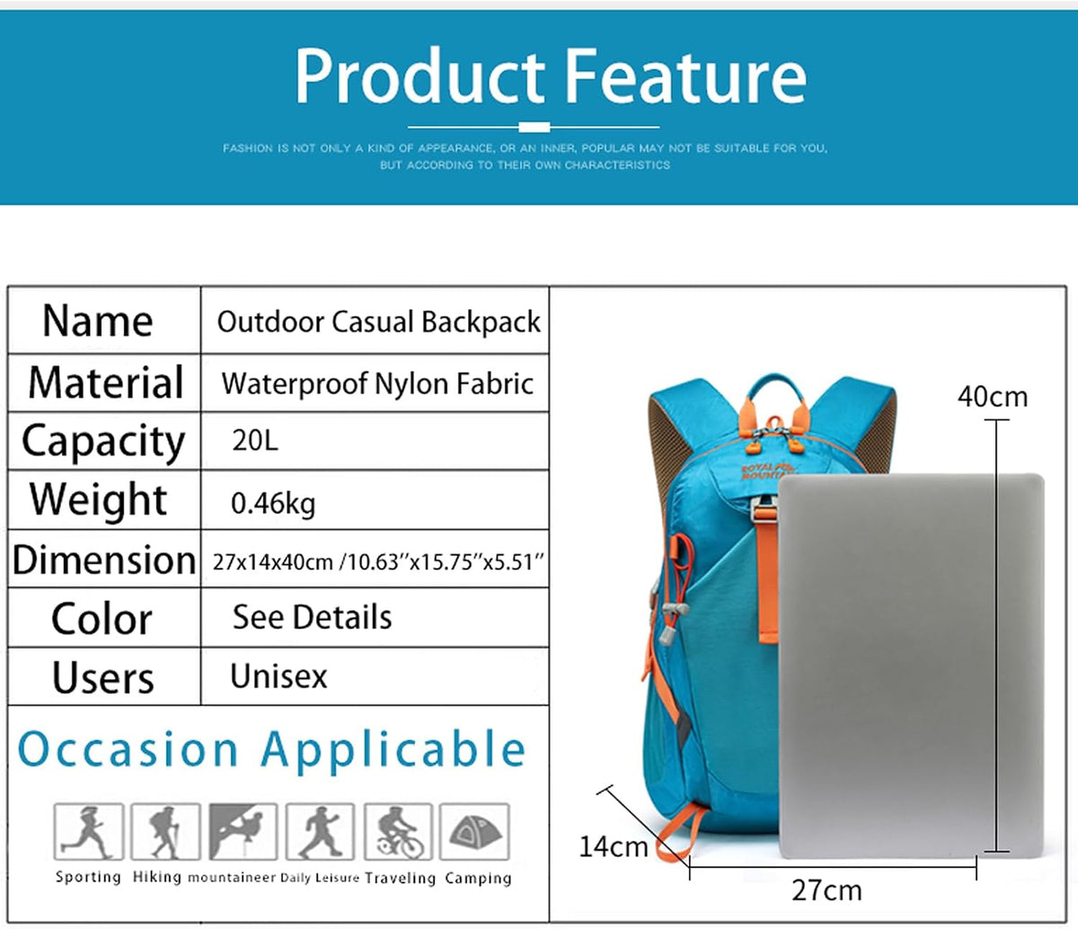 Small Hiking Backpack, 20L Lightweight Travel Backpacks For Men Women, Water Resistant Outdoor Day Pack, Ultralight Camping Daypack Backpacks Fit For Camping. (With Rain-cover)