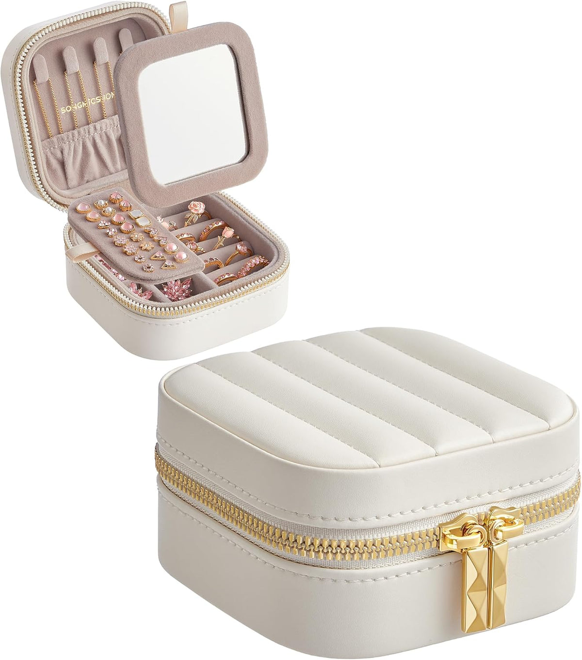 Travel Jewelry Case with Mirror, Stitching, Portable | Jewelry box organizer, 4.1 x 8 x 2.4 Inches, Gift Idea, Cloud White, UJBC180W01