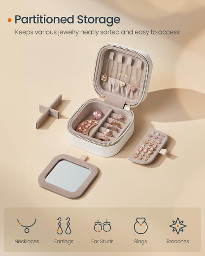 Travel Jewelry Case with Mirror, Stitching, Portable | Jewelry box organizer, 4.1 x 8 x 2.4 Inches, Gift Idea, Cloud White, UJBC180W01