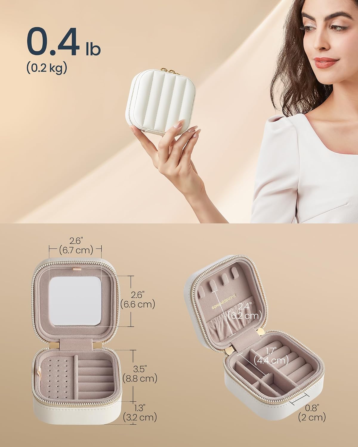 Travel Jewelry Case with Mirror, Stitching, Portable | Jewelry box organizer, 4.1 x 8 x 2.4 Inches, Gift Idea, Cloud White, UJBC180W01