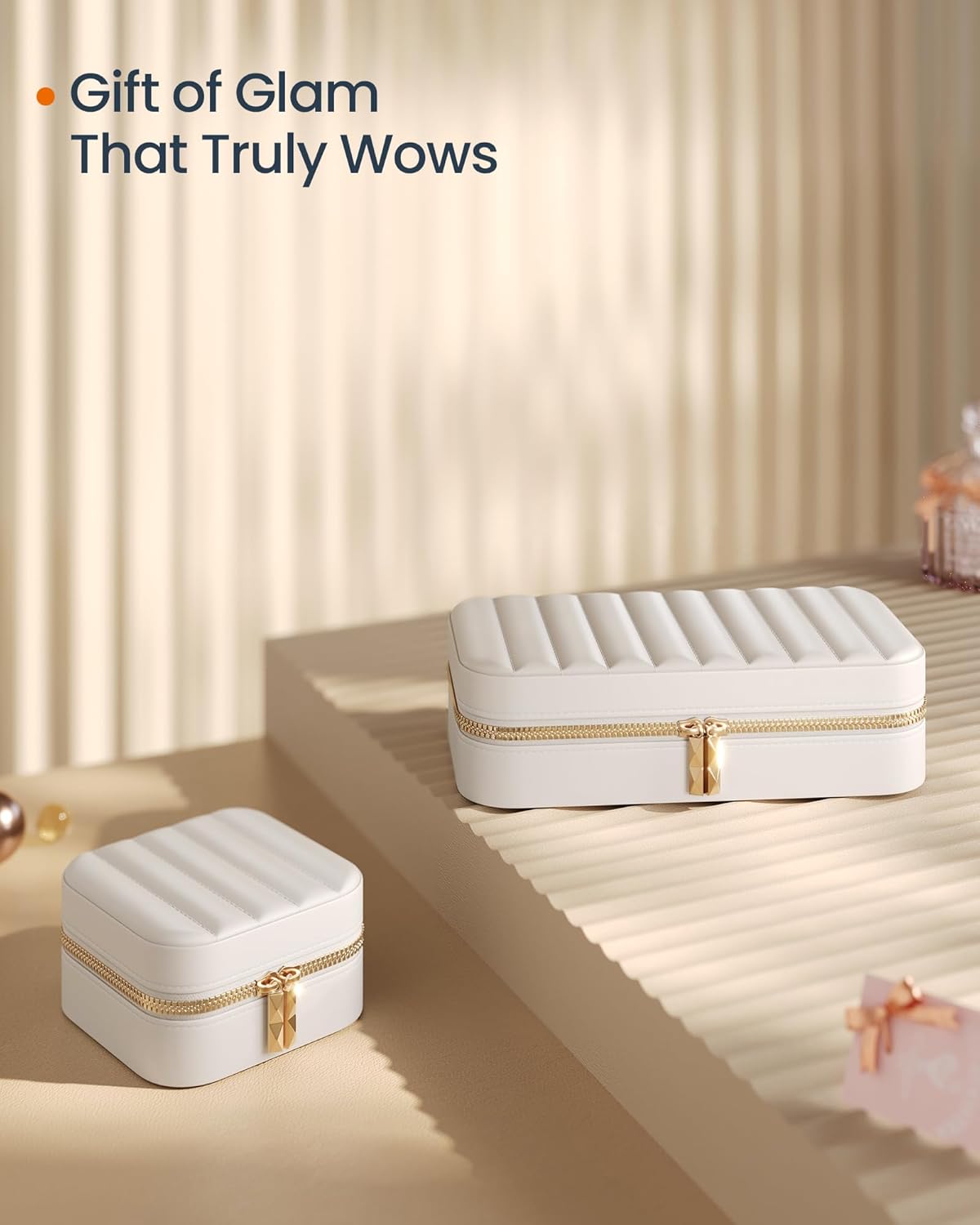 Travel Jewelry Case with Mirror, Stitching, Portable | Jewelry box organizer, 4.1 x 8 x 2.4 Inches, Gift Idea, Cloud White, UJBC180W01
