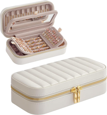 Travel Jewelry Case with Mirror, Stitching, Portable | Jewelry box organizer, 4.1 x 8 x 2.4 Inches, Gift Idea, Cloud White, UJBC180W01