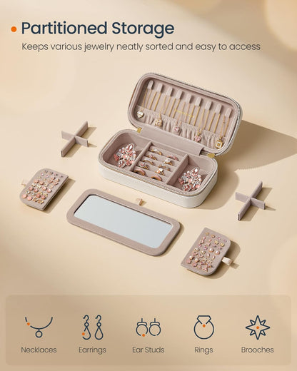 Travel Jewelry Case with Mirror, Stitching, Portable | Jewelry box organizer, 4.1 x 8 x 2.4 Inches, Gift Idea, Cloud White, UJBC180W01