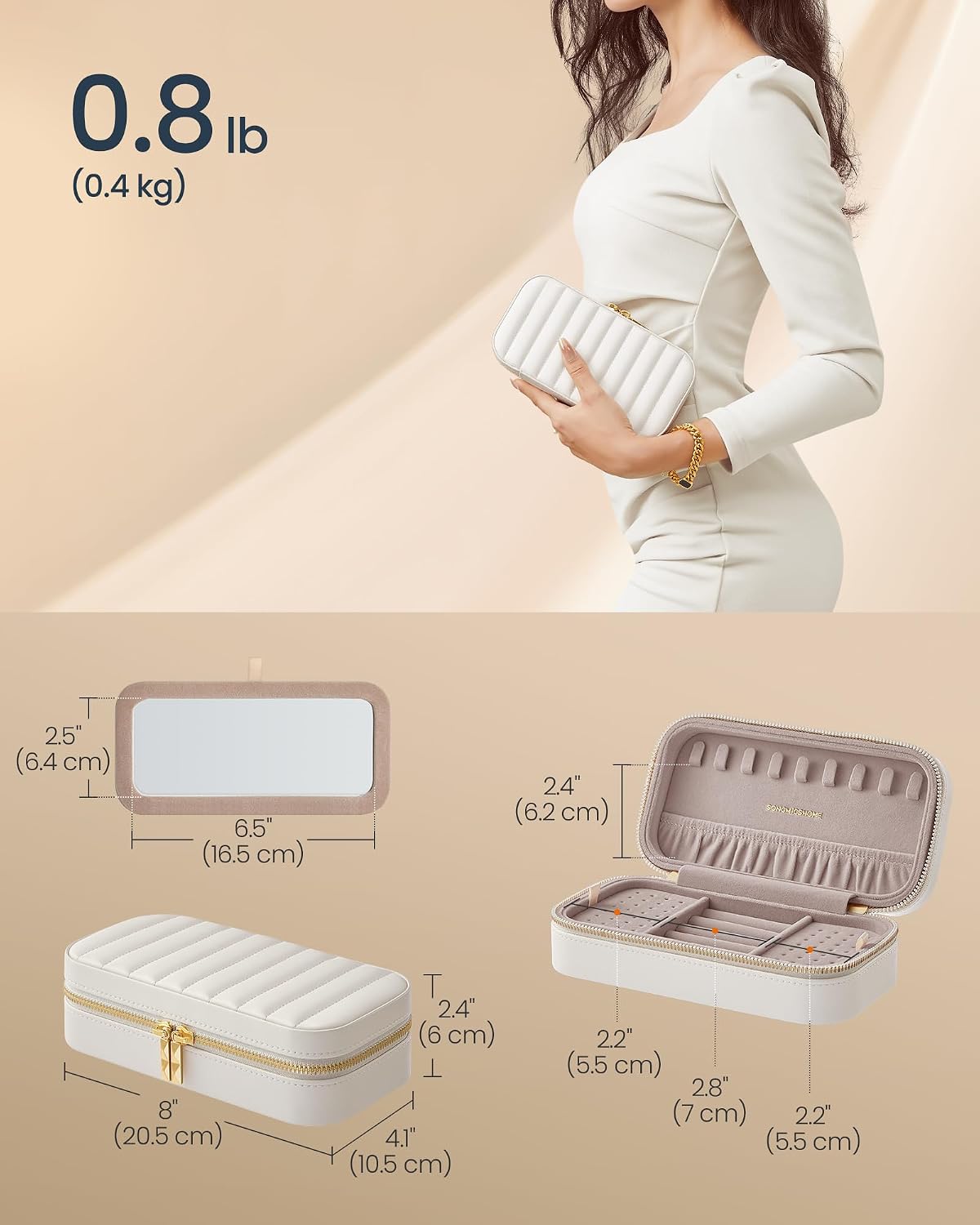Travel Jewelry Case with Mirror, Stitching, Portable | Jewelry box organizer, 4.1 x 8 x 2.4 Inches, Gift Idea, Cloud White, UJBC180W01