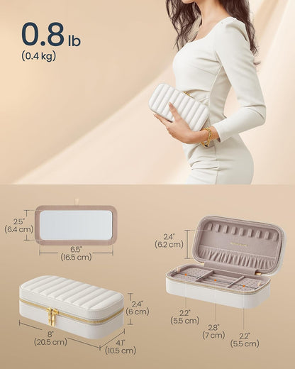 Travel Jewelry Case with Mirror, Stitching, Portable | Jewelry box organizer, 4.1 x 8 x 2.4 Inches, Gift Idea, Cloud White, UJBC180W01