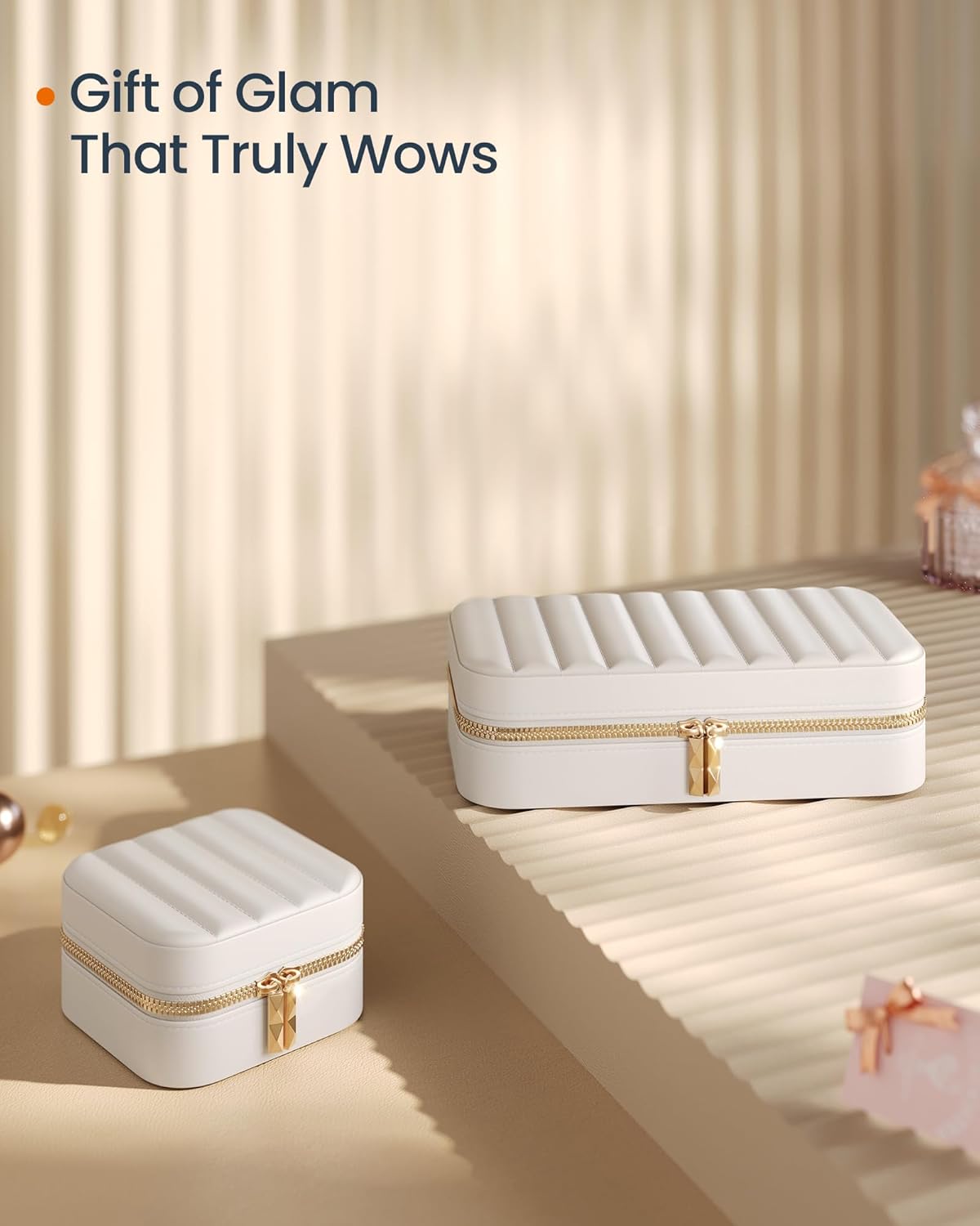 Travel Jewelry Case with Mirror, Stitching, Portable | Jewelry box organizer, 4.1 x 8 x 2.4 Inches, Gift Idea, Cloud White, UJBC180W01