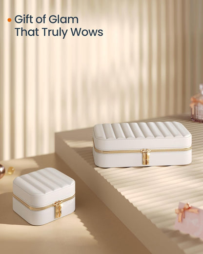 Travel Jewelry Case with Mirror, Stitching, Portable | Jewelry box organizer, 4.1 x 8 x 2.4 Inches, Gift Idea, Cloud White, UJBC180W01
