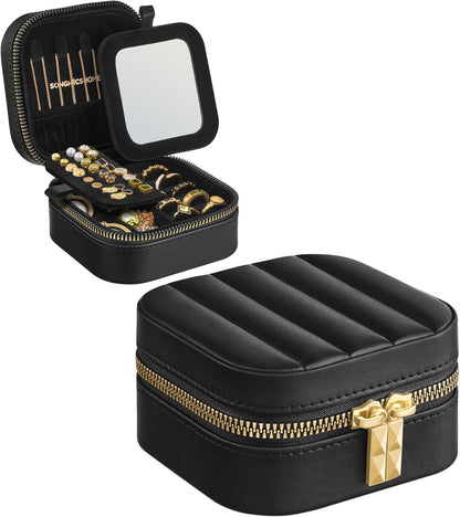 Travel Jewelry Case with Mirror, Stitching, Portable | Jewelry box organizer, 4.1 x 8 x 2.4 Inches, Gift Idea, Cloud White, UJBC180W01