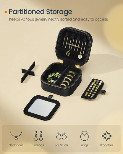 Travel Jewelry Case with Mirror, Stitching, Portable | Jewelry box organizer, 4.1 x 8 x 2.4 Inches, Gift Idea, Cloud White, UJBC180W01