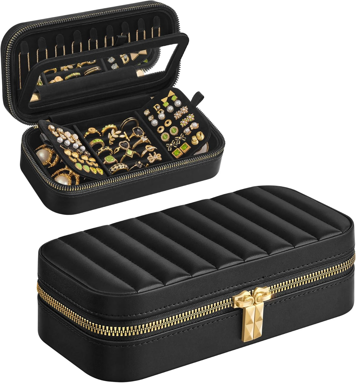 Travel Jewelry Case with Mirror, Stitching, Portable | Jewelry box organizer, 4.1 x 8 x 2.4 Inches, Gift Idea, Cloud White, UJBC180W01