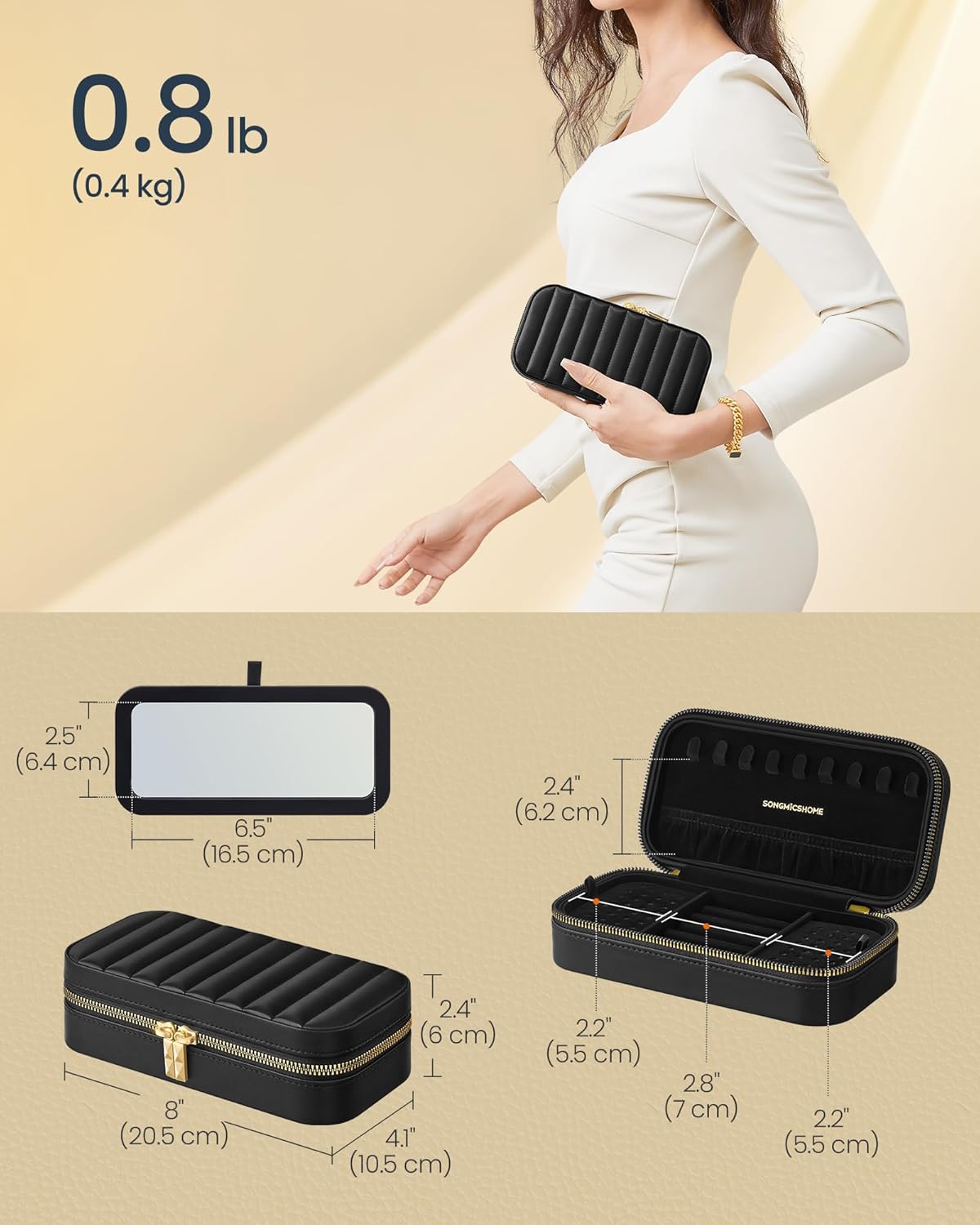 Travel Jewelry Case with Mirror, Stitching, Portable | Jewelry box organizer, 4.1 x 8 x 2.4 Inches, Gift Idea, Cloud White, UJBC180W01