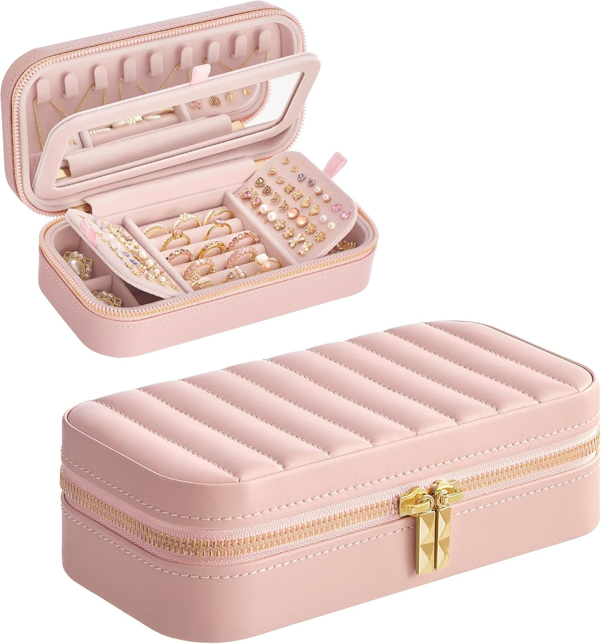 Travel Jewelry Case with Mirror, Stitching, Portable | Jewelry box organizer, 4.1 x 8 x 2.4 Inches, Gift Idea, Cloud White, UJBC180W01