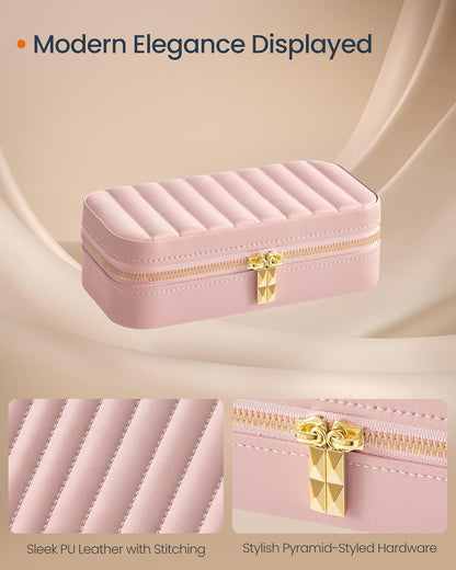 Travel Jewelry Case with Mirror, Stitching, Portable | Jewelry box organizer, 4.1 x 8 x 2.4 Inches, Gift Idea, Cloud White, UJBC180W01