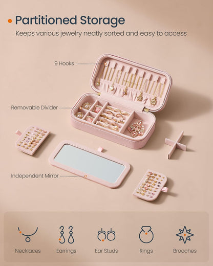 Travel Jewelry Case with Mirror, Stitching, Portable | Jewelry box organizer, 4.1 x 8 x 2.4 Inches, Gift Idea, Cloud White, UJBC180W01