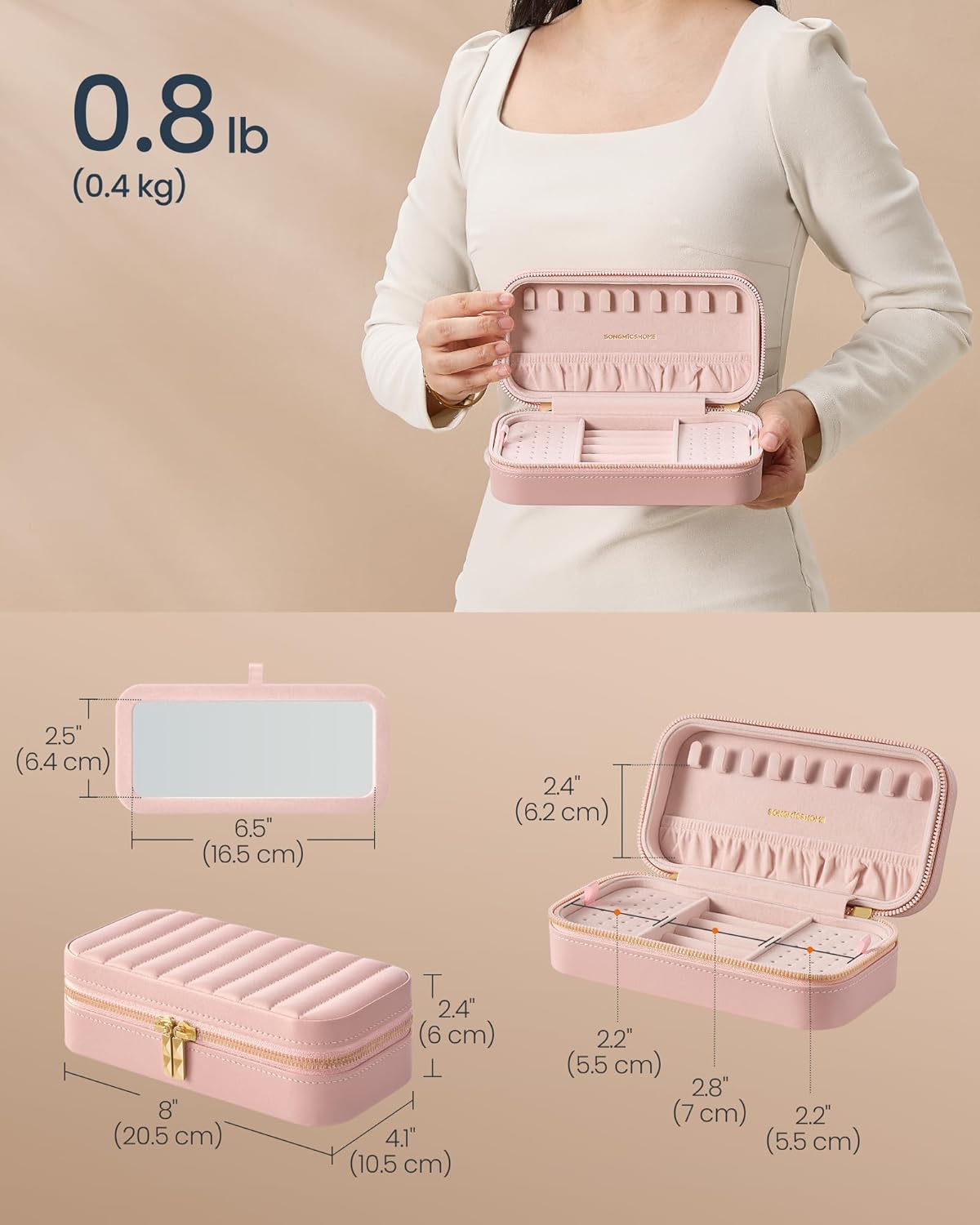 Travel Jewelry Case with Mirror, Stitching, Portable | Jewelry box organizer, 4.1 x 8 x 2.4 Inches, Gift Idea, Cloud White, UJBC180W01