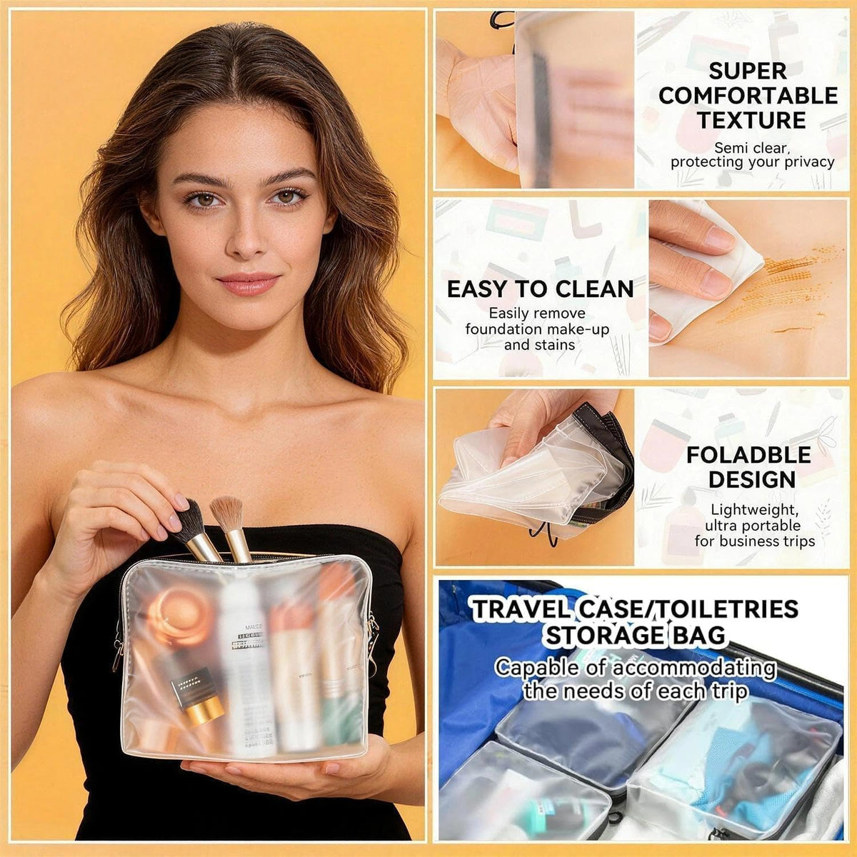Clear Leak Proof Travel Bags for Toiletries 3 Pack, Super Soft Waterproof Leak Proof BPA Free, Semi-Clear Toiletry Cosmetic Makeup Bags for Travel, Approved Travel Toiletry Bag With Zipper