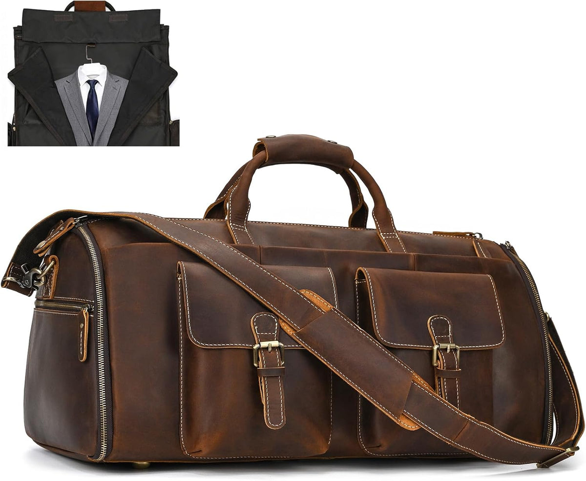 Men's Carry On Garment Bag, Convertible Garment Bag Full Grain Leather Duffle Bags with Shoe Pouch, 2 in 1 Hanging Suitcase Suit Travel Bags