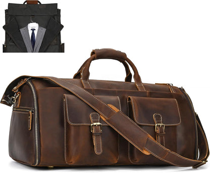 Men's Carry On Garment Bag, Convertible Garment Bag Full Grain Leather Duffle Bags with Shoe Pouch, 2 in 1 Hanging Suitcase Suit Travel Bags