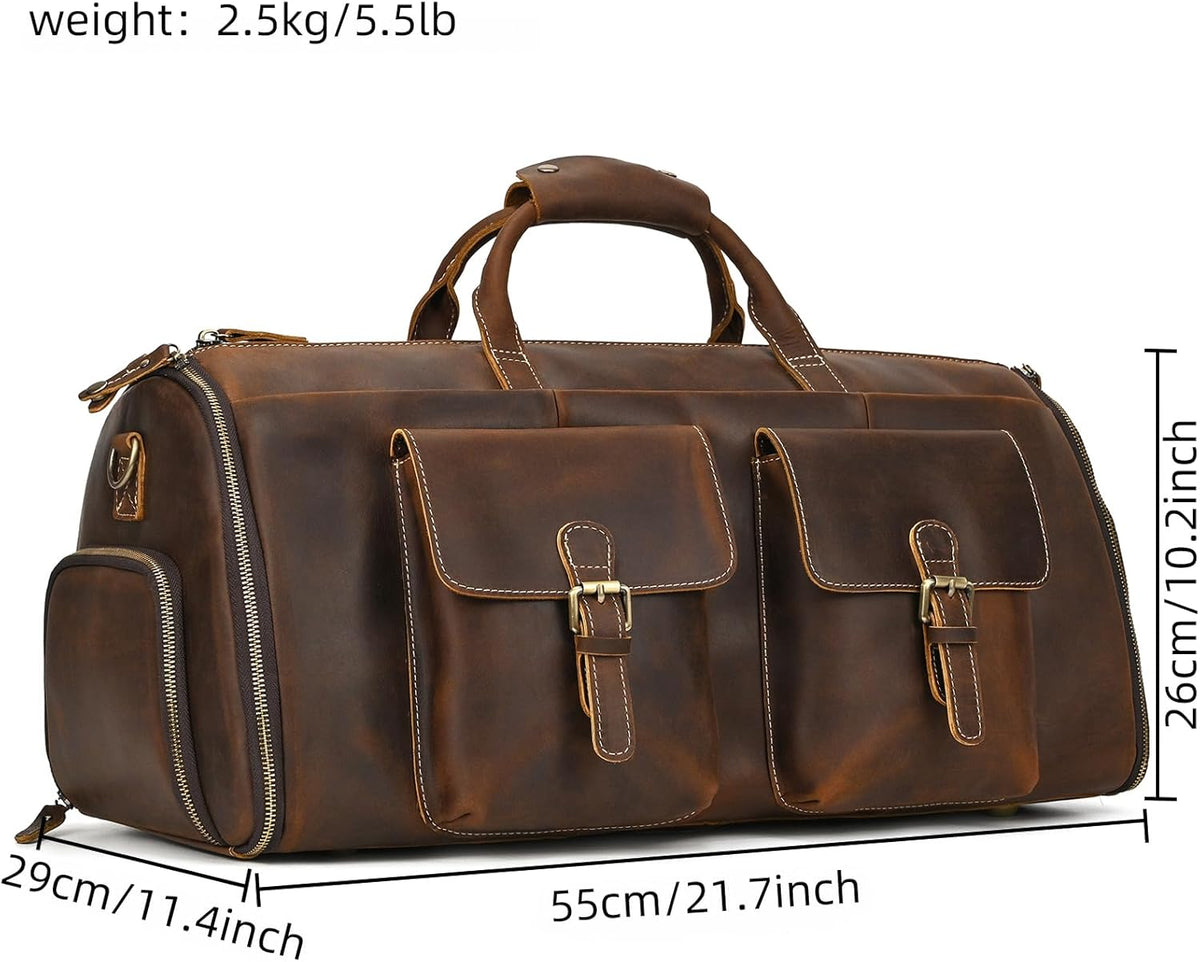 Men's Carry On Garment Bag, Convertible Garment Bag Full Grain Leather Duffle Bags with Shoe Pouch, 2 in 1 Hanging Suitcase Suit Travel Bags