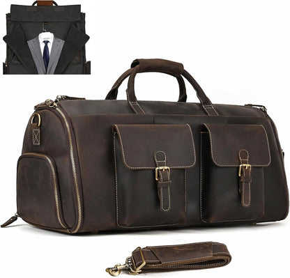 Men's Carry On Garment Bag, Convertible Garment Bag Full Grain Leather Duffle Bags with Shoe Pouch, 2 in 1 Hanging Suitcase Suit Travel Bags