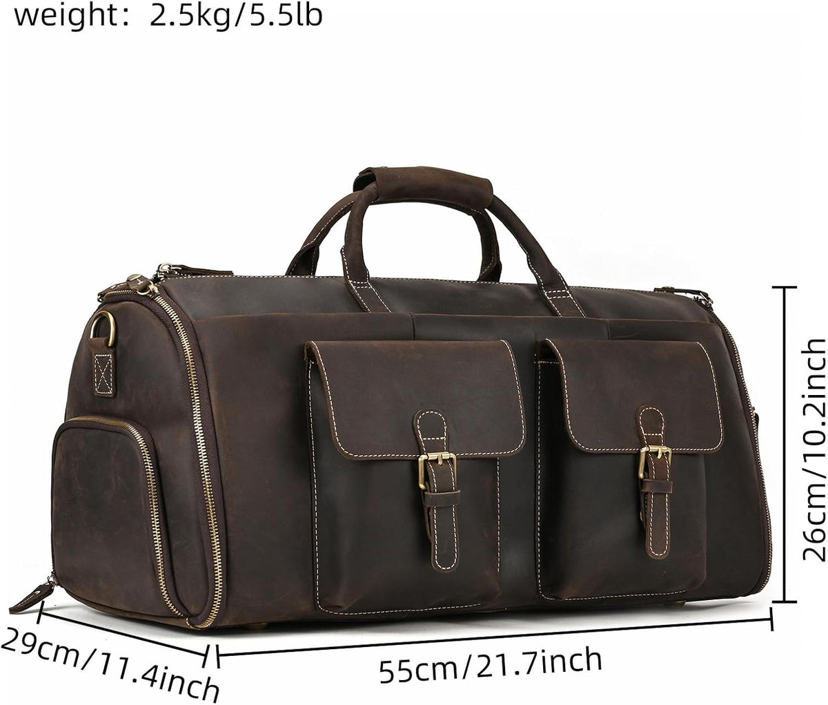 Men's Carry On Garment Bag, Convertible Garment Bag Full Grain Leather Duffle Bags with Shoe Pouch, 2 in 1 Hanging Suitcase Suit Travel Bags