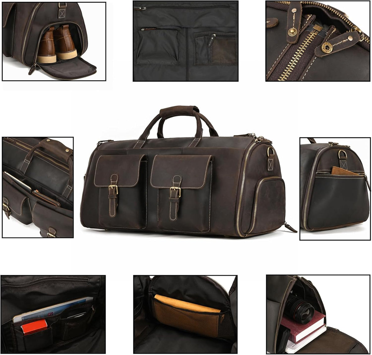 Men's Carry On Garment Bag, Convertible Garment Bag Full Grain Leather Duffle Bags with Shoe Pouch, 2 in 1 Hanging Suitcase Suit Travel Bags