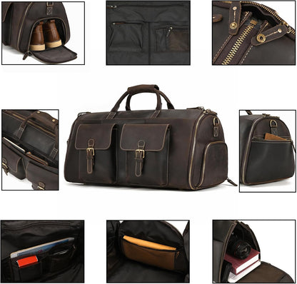 Men's Carry On Garment Bag, Convertible Garment Bag Full Grain Leather Duffle Bags with Shoe Pouch, 2 in 1 Hanging Suitcase Suit Travel Bags