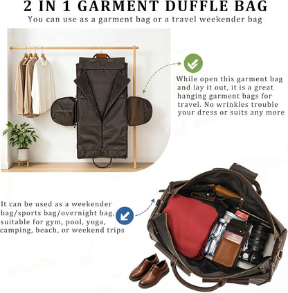 Men's Carry On Garment Bag, Convertible Garment Bag Full Grain Leather Duffle Bags with Shoe Pouch, 2 in 1 Hanging Suitcase Suit Travel Bags