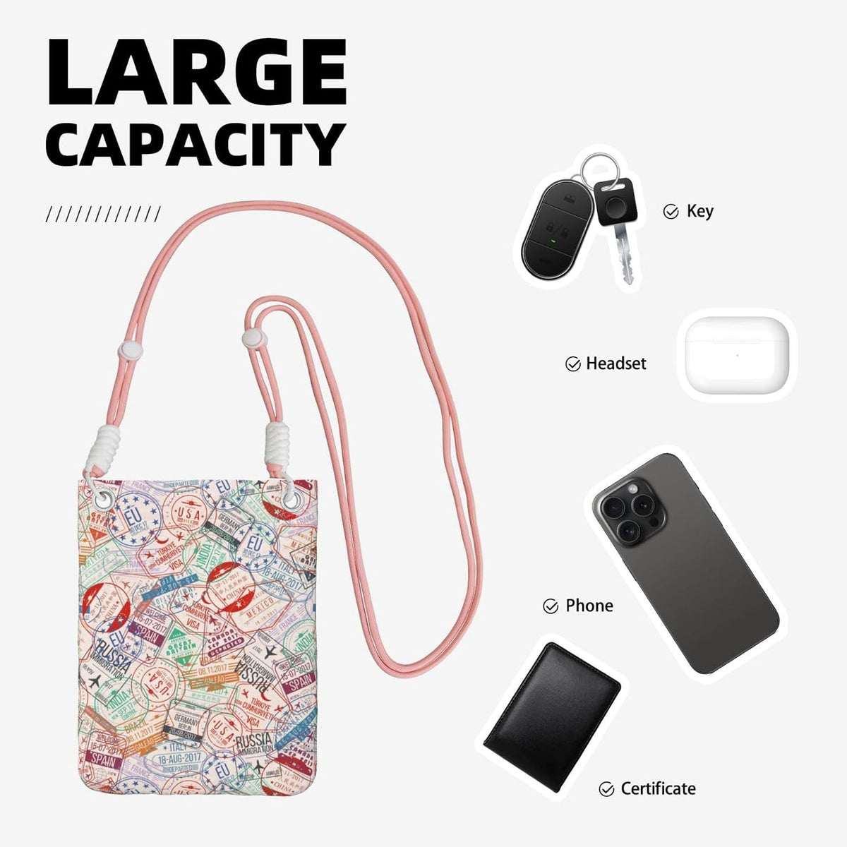 Passport Stamp for Crossbody Phone Bag, Small & Lightweight Crossbody Purse for Women with Adjustable Strap, Water-Resistant Daily Commuter Bag for Phone, Wallet, Keys