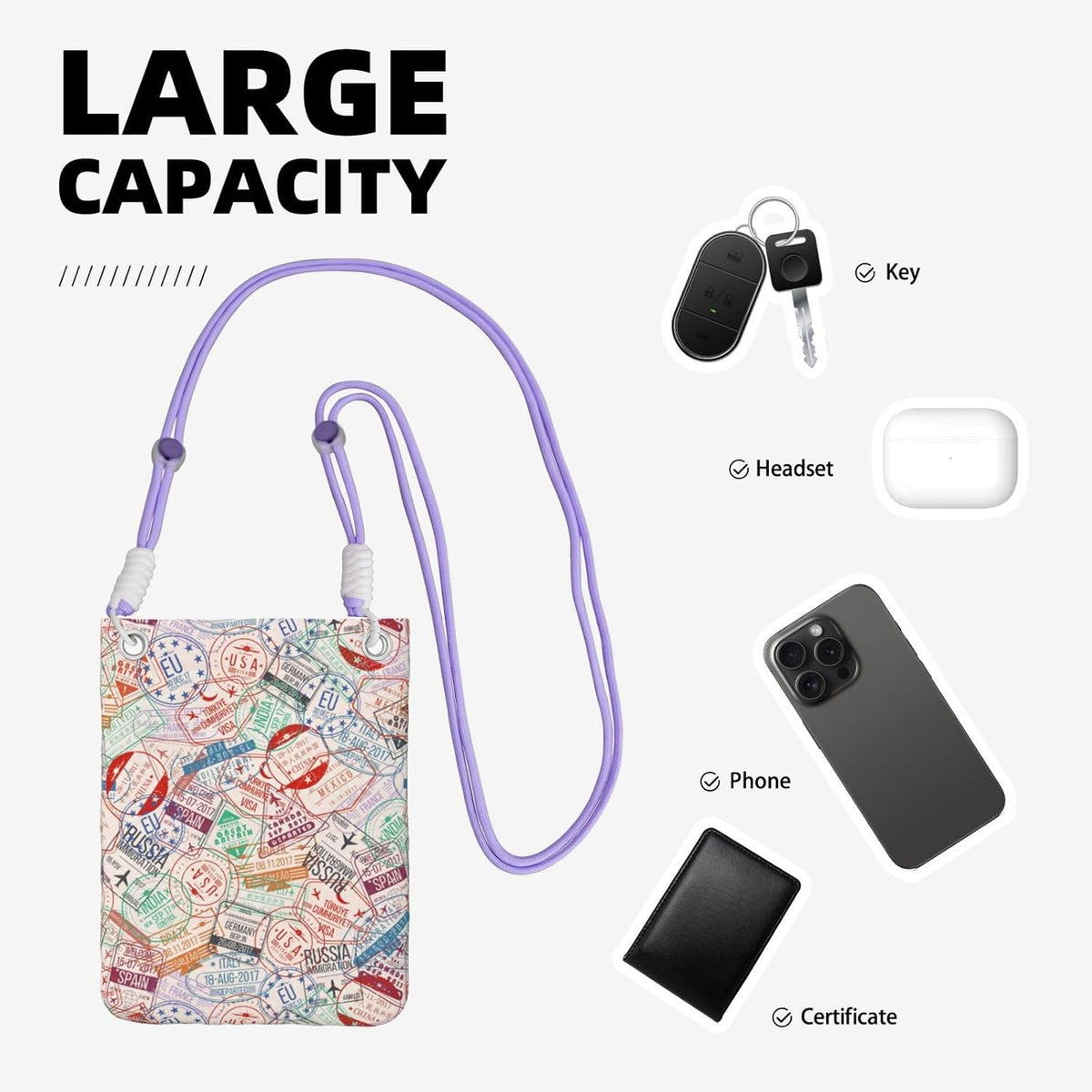 Passport Stamp for Crossbody Phone Bag, Small & Lightweight Crossbody Purse for Women with Adjustable Strap, Water-Resistant Daily Commuter Bag for Phone, Wallet, Keys