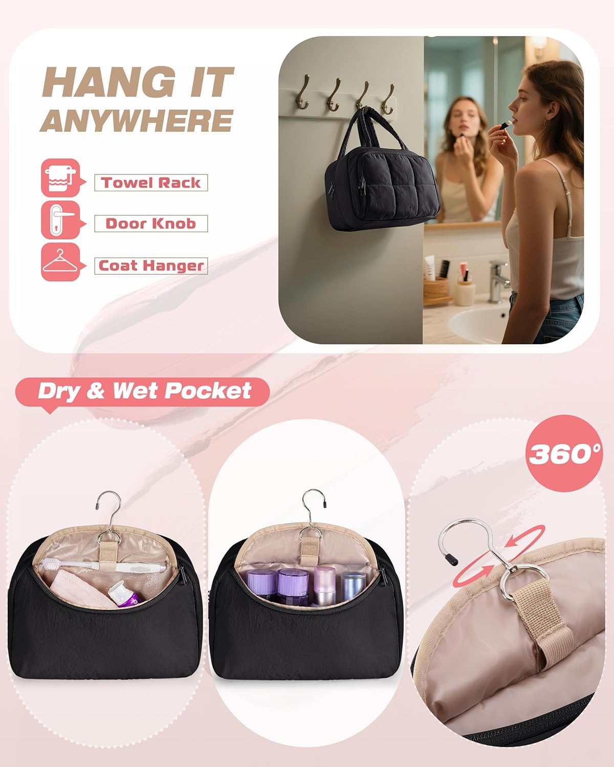 Travel Makeup Bag for Women, Puffy Cosmetics & Toiletry Organizer with Leakproof Pockets for Travel-Size Shampoo, Conditioner, Brushes & Essentials - Medium Size, Pink (Bag Only)