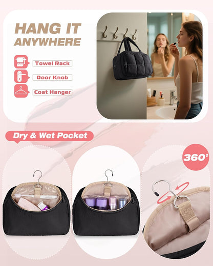 Travel Makeup Bag for Women, Puffy Cosmetics & Toiletry Organizer with Leakproof Pockets for Travel-Size Shampoo, Conditioner, Brushes & Essentials - Medium Size, Pink (Bag Only)