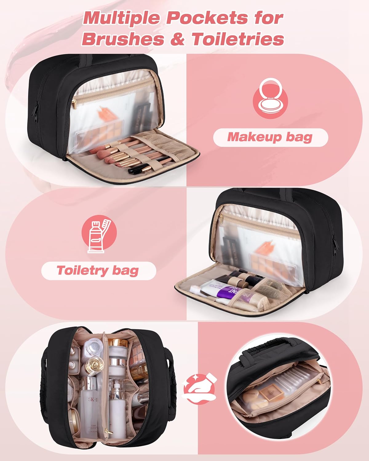 Travel Makeup Bag for Women, Puffy Cosmetics & Toiletry Organizer with Leakproof Pockets for Travel-Size Shampoo, Conditioner, Brushes & Essentials - Medium Size, Pink (Bag Only)